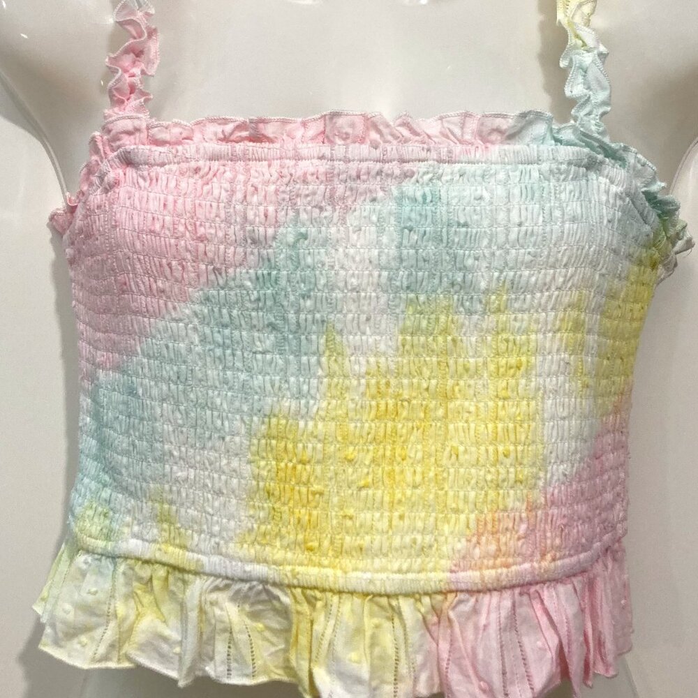 STORIA Womens Smoked Cropped Tank Top Straps Rainbow Pastel Ruffle Size L Life - Picture 3 of 8